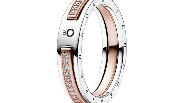 Anel Pandora Signature Two-tone Logo & Pavé Ring em prata 925, liga com revestimento ouro rosa 14k e zirconias, 99euros_182773C01