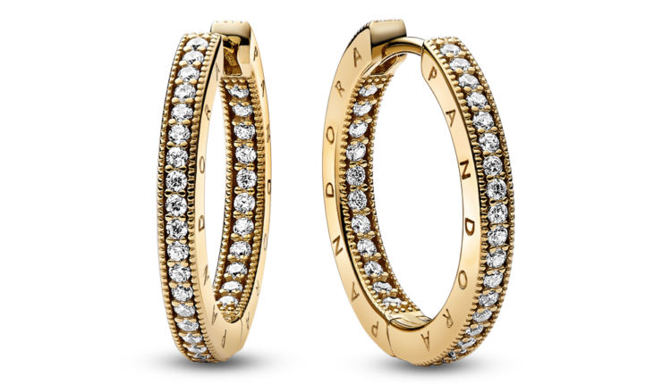 Argolas Pandora Signature Logo & Pavé Hoop Earrings em liga com revestimento ouro 14k e zirconias, 179euros_262738C01