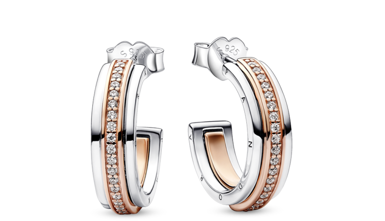 Brincos Pandora Signature Two-tone Logo & Pavé Hoop Earrings em prata 925, liga com revestimento ouro rosa 14k e zirconias, 99euros_282737C01