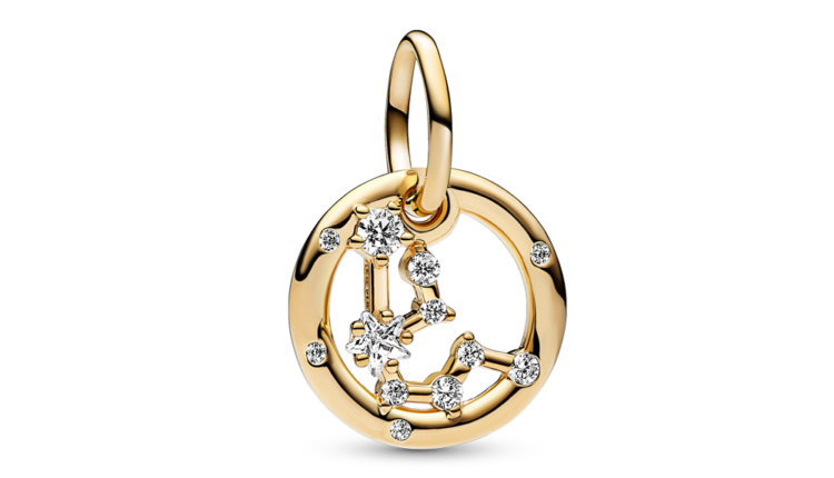 Conta pendente Pandora Aquarius Zodiac Dangle Charm em liga com revestimento de ouro 14k e zirconias, 59euros_762717C01