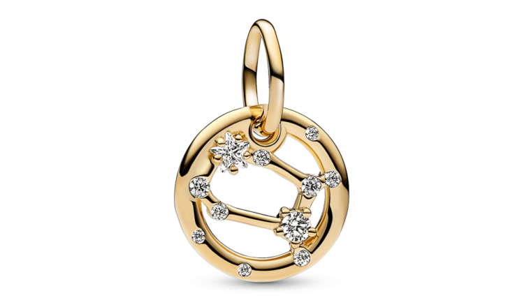 Conta pendente Pandora Gemini Zodiac Dangle Charm em liga com revestimento de ouro 14k e zirconias, 59euros_762711C01