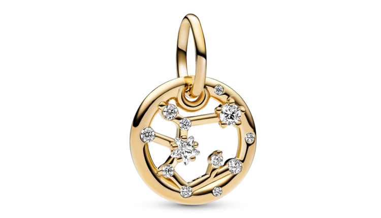 Conta pendente Pandora Sagittarius Zodiac Dangle Charm em liga com revestimento de ouro 14k e zirconias, 59euros_762723C01