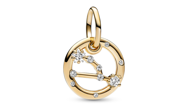 Conta pendente Pandora Taurus Zodiac Dangle Charm em liga com revestimento de ouro 14k e zirconias, 59euros_762707C01