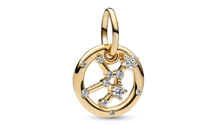 Conta pendente Pandora Virgo Zodiac Dangle Charm em liga com revestimento de ouro 14k e zirconias, 59euros_762715C01