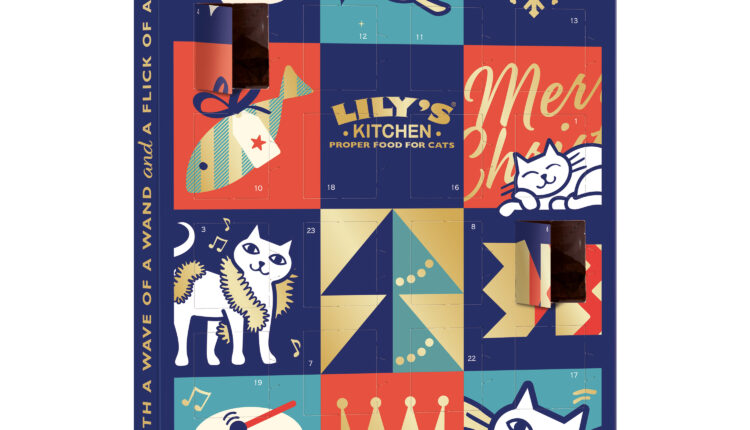 5056273604297_Lilys Kitchen Christmas Advent Calendar for Cats 42g FRONT 3QTR OPEN  CTADV21